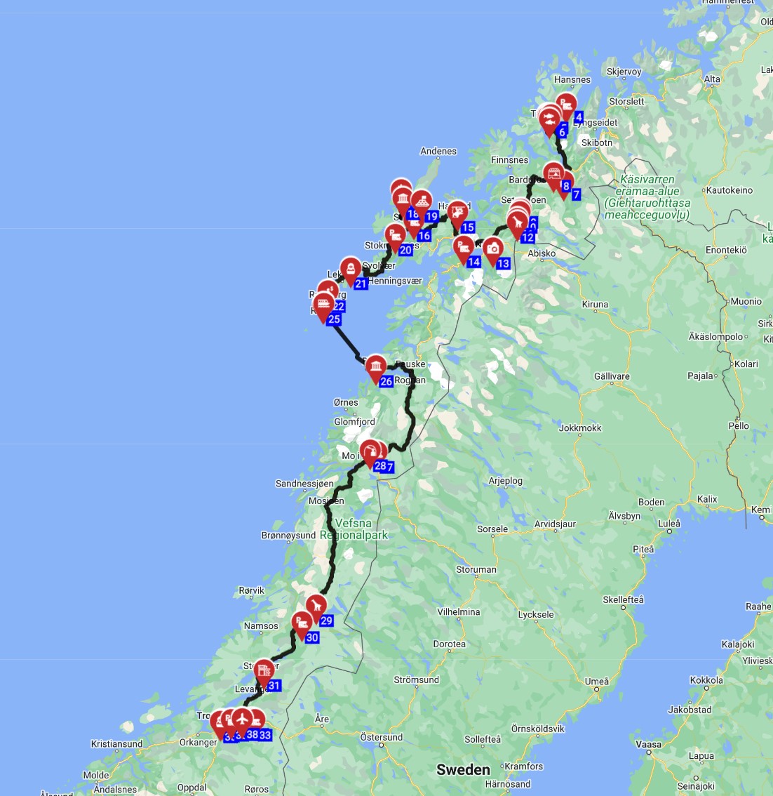 Map for Troms  to Trondheim - Northern Norwegian Odyssey